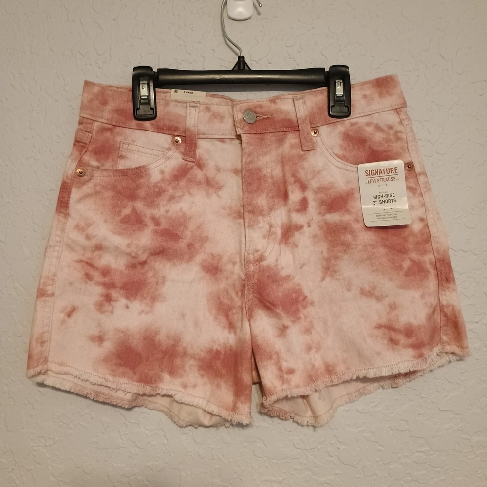 NWT Signature Levi Strauss Heritage High Rise Cutoff Shorts Pink Tie Dye 6 W28